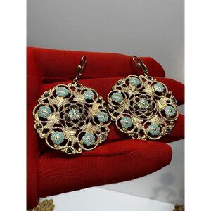 Vintage Gold Filigree Drop Earrings Turquoise Enamel Floral Boho Statement